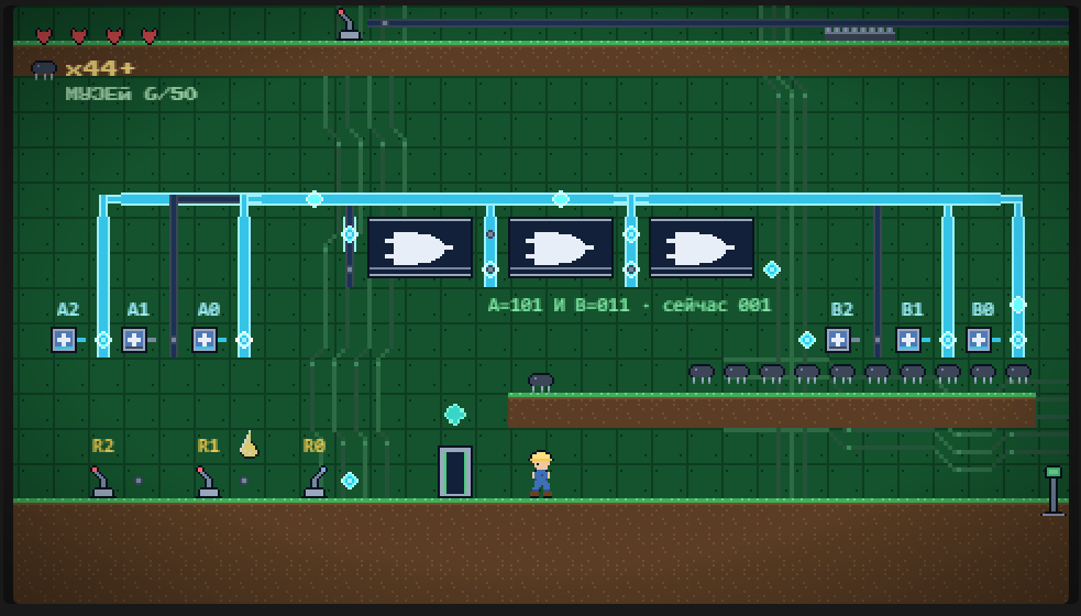 The Transistor Run platformer: a character runs through a level, a circuit from the power source to the door is assembled from blocks mid-run